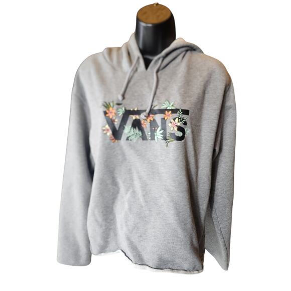 VANS Hoodie Womens Medium Floral Embroidered Raw Hem Cut Off Pullover Sweatshirt - Picture 15 of 16